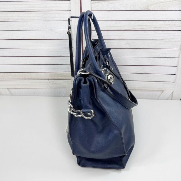 Michael Kors Saffiano Leather Chainlink Hamilton Tote Bag Navy Blue Silver - Picture 3 of 13